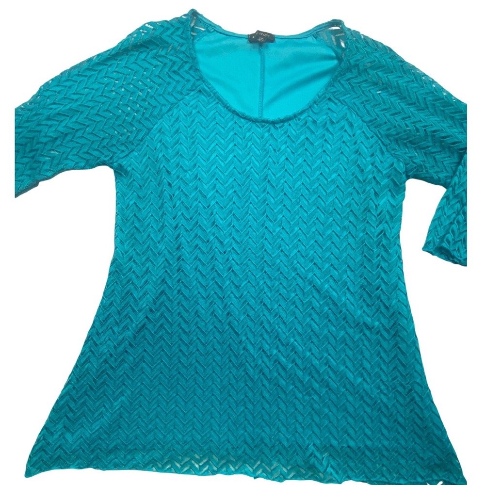 Cal Style USA Women 2XL Teal Blue Chevron Lace Tunic Top 3/4 Sleeve‎ Scoop Neck